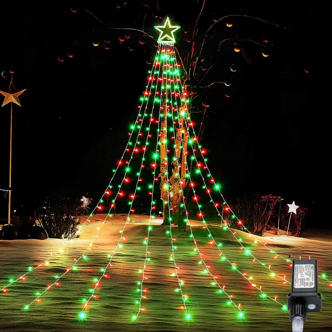 BlcTec Outdoor Christmas Decorations 317 LEDs Christmas Lights with 9 Strands 11.9ft Waterfall Christmas Tree Lights, 8 Modes, Waterproof, Topper Star & Timer for Yard Patio Xmas Décor, Red Green