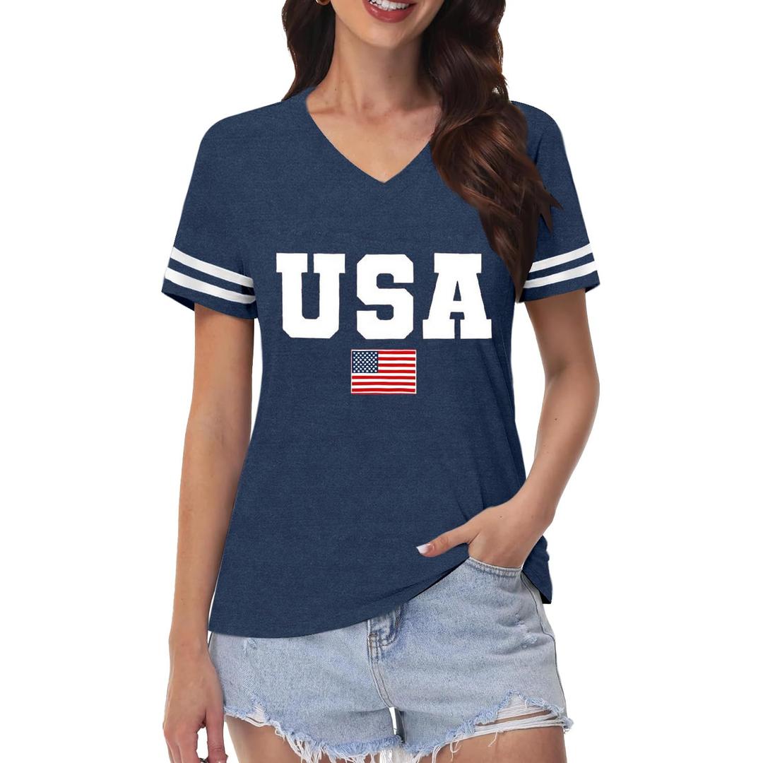 NEWKA American Flag V-Neck Shirts for Women USA Patriotic T-Shirt 4th of July Tee Tops,2XL