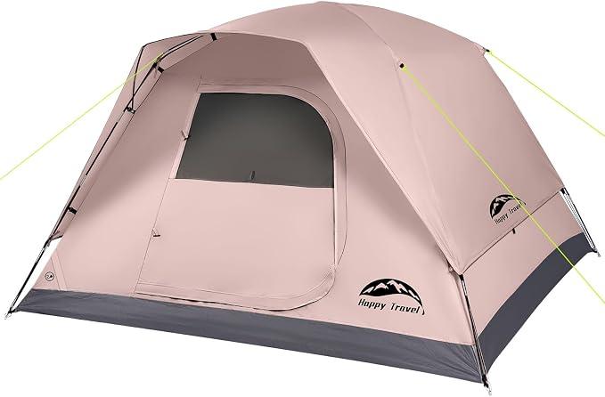 Happy Travel Camping Tent, 4 Person Dome Tents for Camping with Rainfly
Waterproof Clip Easy Setup Portable Family Tent with Mesh Windows, 20% More Headroom Backpacking Tents for Camping & Hiking