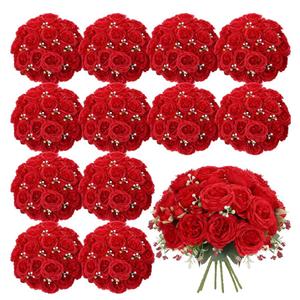Geosar 16 Bundles Artificial Peonies Flowers Fake Silk Peony Bouquet Faux Peonies Flowers Bulk for Decoration Vase Floral Arrangements Wedding Party Table (Bright Red)