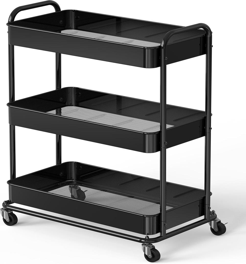 Simple Houseware 26" Extra-Wide 3-Tier Heavy Duty Service Cart, High-Capacity Metal Rolling Organizer for Spa, Salon, Office, and Home Storage, Black