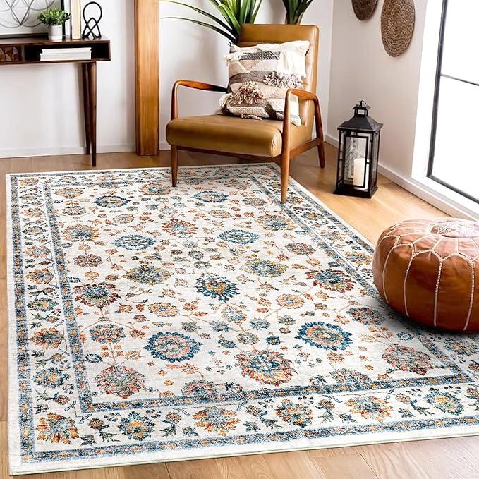 Mcadore 4x6 Area Rugs Washable Boho Rug, Non Slip Carpet for Living Room, Boho Vintage Design Rug, Foldable Soft Low-Pile Rug, Vintage/Multi
