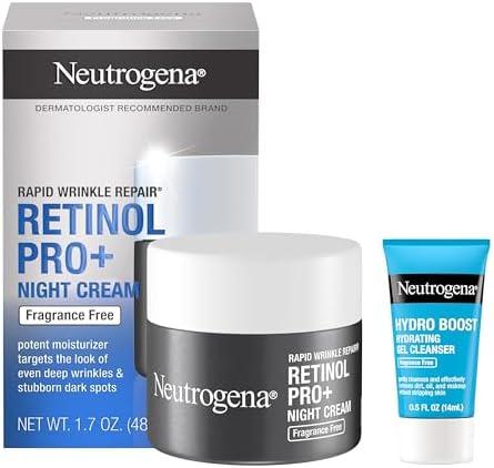 Neutrogena Rapid Wrinkle Repair Retinol Pro+ Night Cream Face Moisturizer, Anti-Aging Face Cream, 1.7 oz + Trial Size Hydro Boost Facial Cleanser, 0.5 fl. oz