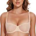 Wingslove Women's Sexy Lace Bra Mesh Balconette See Through Bralette Half Cup Sheer Bras Unlined Underwire Suppport (32B, Nude)