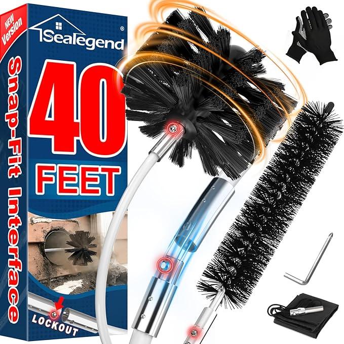 Sealegend 40 Feet Dryer Vent Cleaner Kit/Lint Remover/Upgraded Flexible QuickSnap Brush with Drill Attachment/Fireplace Chimney Brushes for Easy to Use/Works with or Without Power Drill