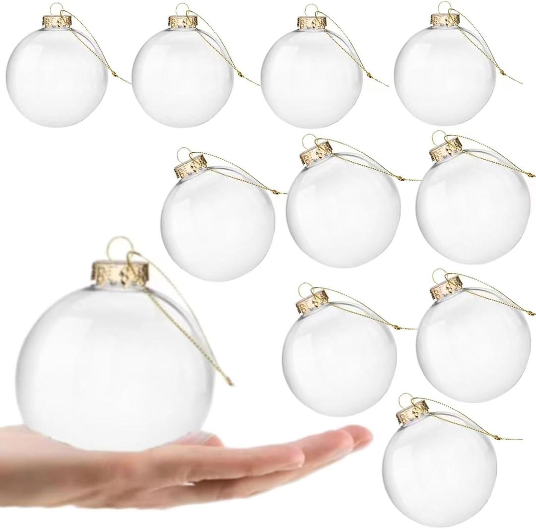 3.15 Inch DIY Craft Christmas Stuffing Balls, 10-Pack Clear Plastic Ornaments, 80mm Clear Plastic Refillable Decorative Balls, Christmas House Decoration, Christmas Tree Decoration,Gold, 80mm