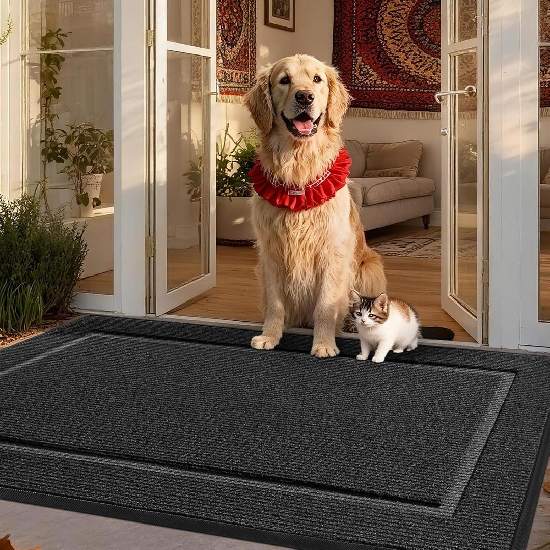 Large Front Door Mat Outside Entrance Indoor Doormat, 48" x 30" Outdoor Mats For Patio Waterproof, Outdoor Door Mats For Outside Entry, Indoor Rugs for Entryway, Sturdy Natural Rubber Entry Mat, Black (2'6" x 4' (Rectangular))