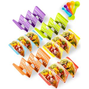 Premium Taco Holder Stand, Colorful Large Taco Holders Set of 6 or 4, Taco Stands for 3 Tacos for Soft/Hard Shells, Street Taco Rack with Plates & Tray, Dishwasher & Microwave Safe