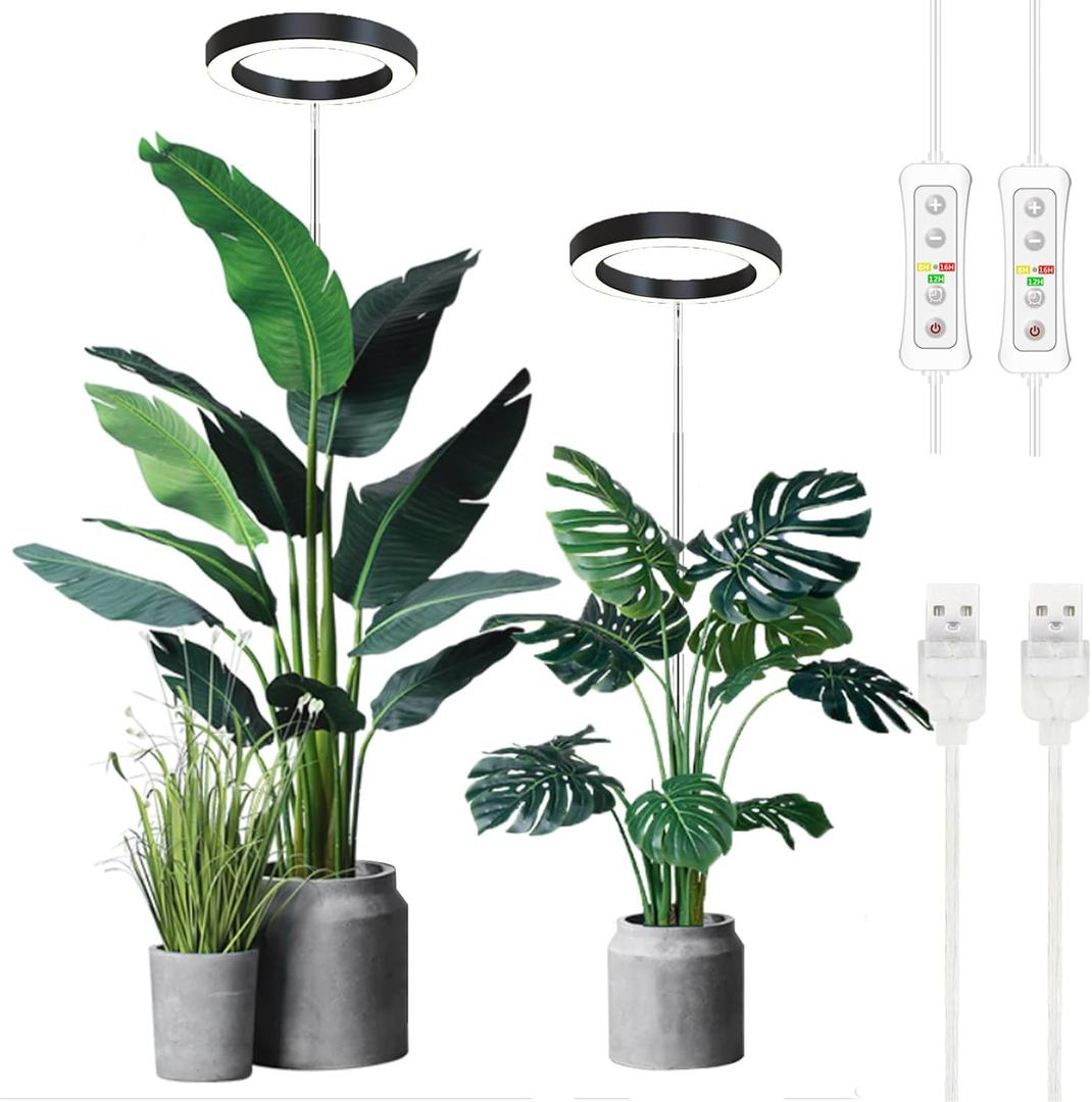 Plant Grow Light,yadoker LED Growing Light Full Spectrum for Indoor Plants,Height Adjustable, Automatic Timer, 5V Low Safe Voltage,Idea for Large Plant Light, 2 Pack (Black)
