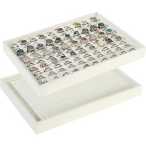 Byken 2 Pcs Ring Organizer Dish Tray,Stackable Jewelry Organizer Trays for Drawer,100 Slots Rings Jewelry Displays for Selling (Beige)
