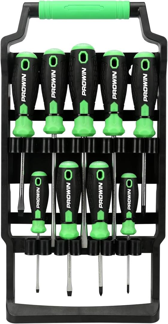PROWIN 9-Piece Magnetic Screwdriver Set, Slotted & Phillips Tips, CR-V Steel, Cushion Grip, Ergonomic Handle, Tool Set with Organizer Rack for Home & DIY