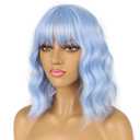 Short Bob Wigs with Bangs for Women Loose Wavy Wig Curly Wavy Shoulder Length Bob Synthetic Cosplay Wig for Girl Colorful Costume Wigs (Light Blue)