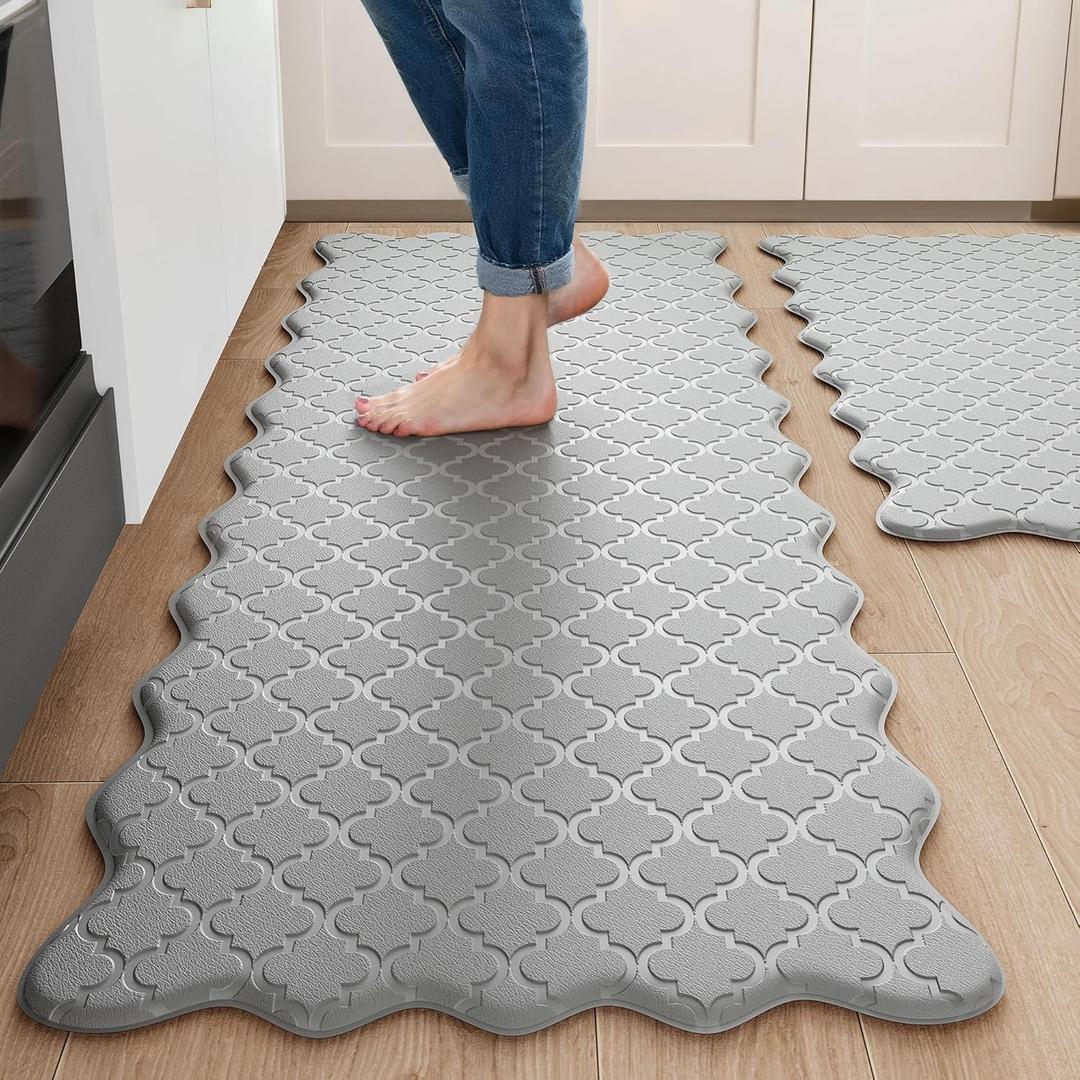 Arenarug Upgrade Scalloped Embossed Kitchen Mats for Floor 2PCS Cushioned Anti Fatigue Waterproof Foam Kitchen Rugs Non Slip Washable Comfort Standing Mat for Office Sink Laundry, Gray (17.3"x30"+17.3"x47", Basic Solid- Gray)
