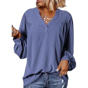 Dokotoo Womens Blouses Tops for Women Trendy V Neck Smocked Blouses for Women Dressy Casual Long Sleeve Shirts for Women, M, Blue