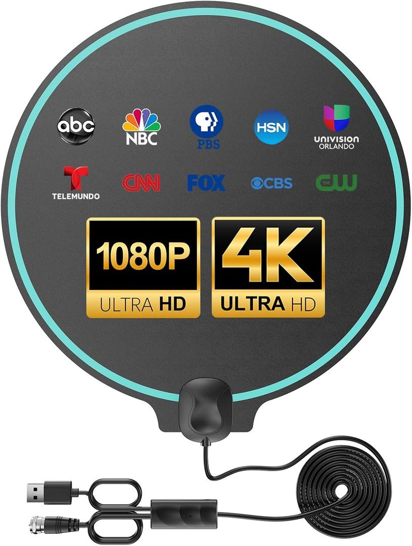TV Antenna Indoor Long Range Reception, Works with All Smart TVs with Signal Amplifier Supports 4K & 1080P HD 16ft Coax Cable Slim Flat Easy Installation