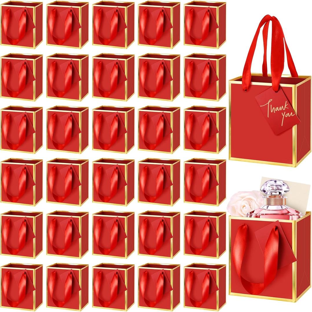 Yeaqee 50 Pcs Mini Metallic Paper Gift Bags with Handles 4x2.75x4.5'' Tiny Small Gift Bags with Thank You Tag for Valentine Wedding Birthday Welcome Return Gifts Small Business(Red, Gold)