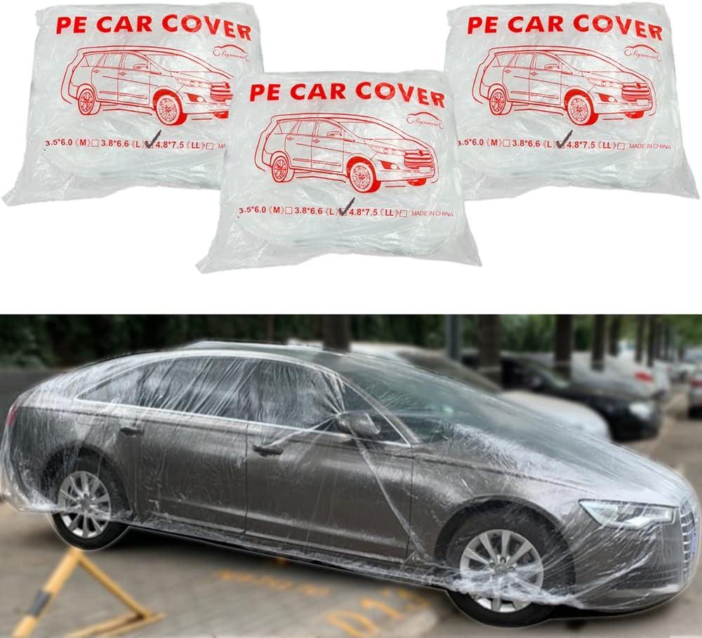LuliKa 3 Packs Disposable Car Cover Clear Plastic Car Cover Universal Rain Dust Garage Cover with Elastic Band Medium (12.4 FT x 21.6 FT)