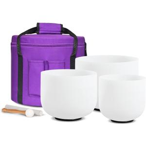 440HZ 7"G+9"E+11"C 3 PCS Frosted Crystal Singing Bowls Set with Bag Mallets and Rubber O-rings for Sound Healing Bath Therapy Meditation Yoga Instrument Zen