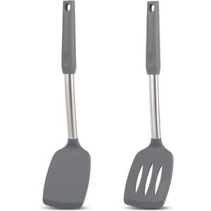 Pack of 2 Non Stick Solid & Slotted Silicone Spatula Set, Heat Resistant Silicone Turners for Fish,Eggs,Pancakes (Black Grey)