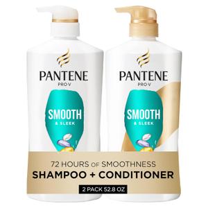 Pantene Shampoo & Conditioner Set, Smooth and Sleek - Frizz Control with Antioxidants, Nourishing for All Hair Types - Curly, Dry, Color-Treated, 52.8 Oz Total + Miracle Rescue Shot (0.5 Oz)
