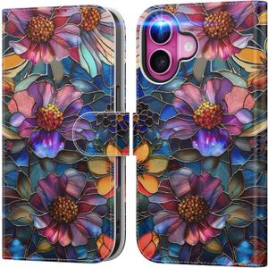 DEENAKIN for iPhone 17 Wallet Case with Card Holder + Cash Clip, RFID-Blocking, Military-Grade Drop Protection & UV-Printed Artwork, Magnetic Closure with Leather Kickstand - Vibrant Defined Blossoms