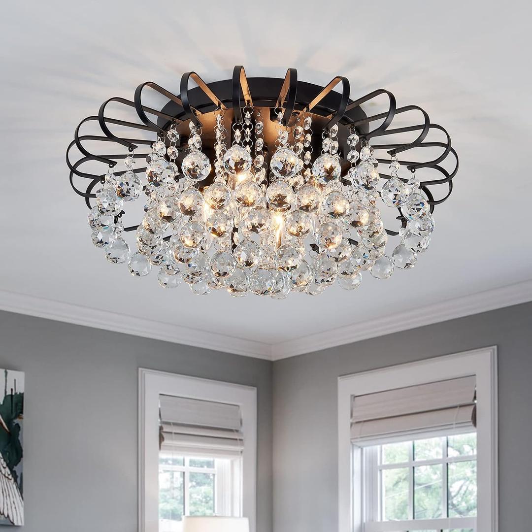 CVKASH Crystal Floral Chandelier 4-Light Antique Modern Black Flush Mount Raindrop Crystal Ceiling Lighting Fixture Chandelier for Living Room Bedroom Dining Room Entryway D17.71 H8.26, 17.9 Inch