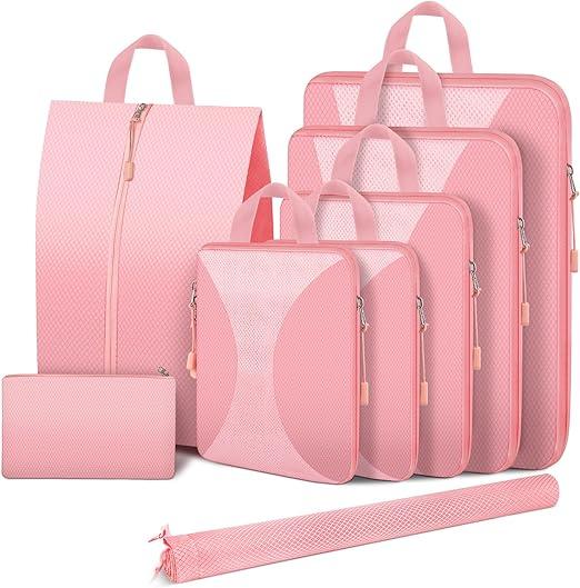 8 Set Compression Packing Cubes for Travel, Compression Bags for Travel Expandable Travel Packing Organizers for Carry on Suitcase Travel Bags Organizer for Luggage (Pink)