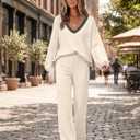 Womens 2 Piece Outfit Sweater Lounge Sets V Neck Knit Pajama Set Loungewear (White, S)