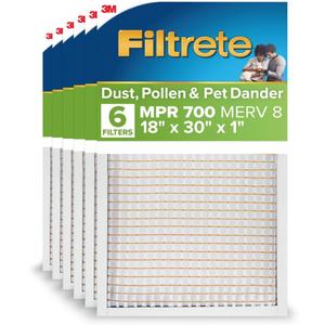Filtrete 18x30x1 AC Furnace Air Filter, MPR 700, MERV 8, Tough on Pollen, Easy on Airflow, 3-Month Pleated 1-Inch Electrostatic Air Cleaning Filter, 6-Pack (Actual Size 17.81 x 29.81 x 0.81 in)