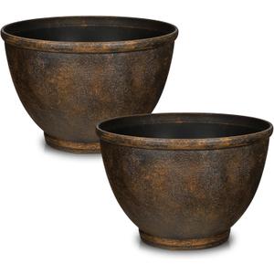 Hollyone Set of 2 Outdoor Planter 11.5 inch Plant Pot Plastic Pots for Plants Planters for Outdoor Indoor Plants with Drainage Hole Round Plant Pot Flower Pots Garden Decorations Brown