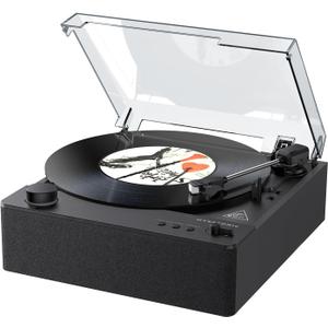 Fully Automatic Record Player, Bluetooth Belt Drive Vinyl Turntable, Magnetic AT-3600L Cartridge, Bluetooth in & Out, Hi-Fi Stereo Speakers, Aux in Headphone, RCA Out, Anti-Resonance - Black