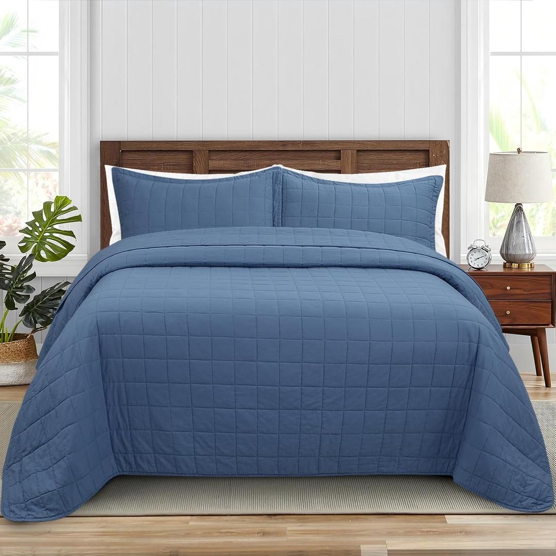 Quilt Super King Size Bedding Sets, 100% Cotton Lightweight Luxury Comforter Set, Oversized Extra Wide Stitching Bedspread Coverlet with 2 Pillowcase Suitable for All Season, Blue