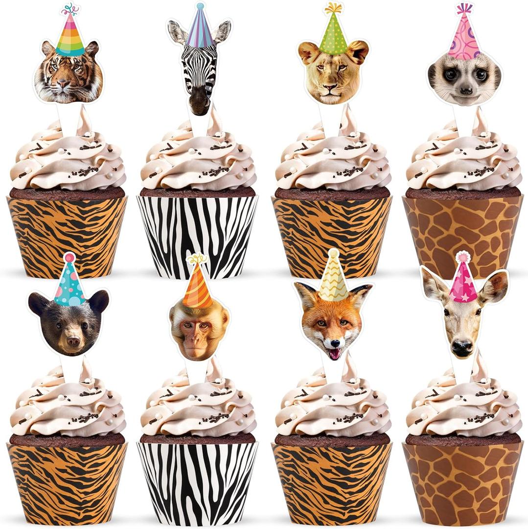2 x 48 Pack Safari Animals Cupcake Toppers and Wrappers, Jungle Animals Cake Decoration for Wild Theme Birthday Party Jungle Zoo Party Supplies