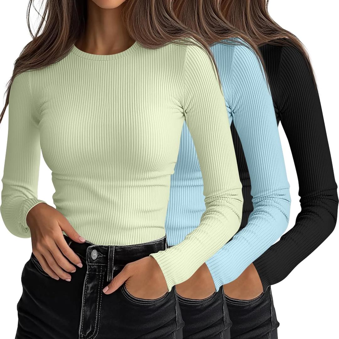 Ficerd 3 Pack Women's Ribbed Long Sleeve Tops, Crew Neck Slim Fit Undershirts Knit Basic Casual Stretch Layering Tee Shirts, Size Small (Black, Light Blue, Tender Green)