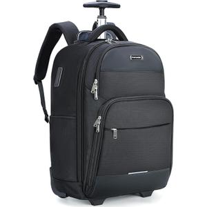 Ponhog Rolling Backpack, 30L Travel Laptop Backpack with Wheels, 15.6 Inch Roller Carry on Luggage with USB Charging Port, Flight Approved Personal Item Wheeled Suitcase for Men Women Adults, Black