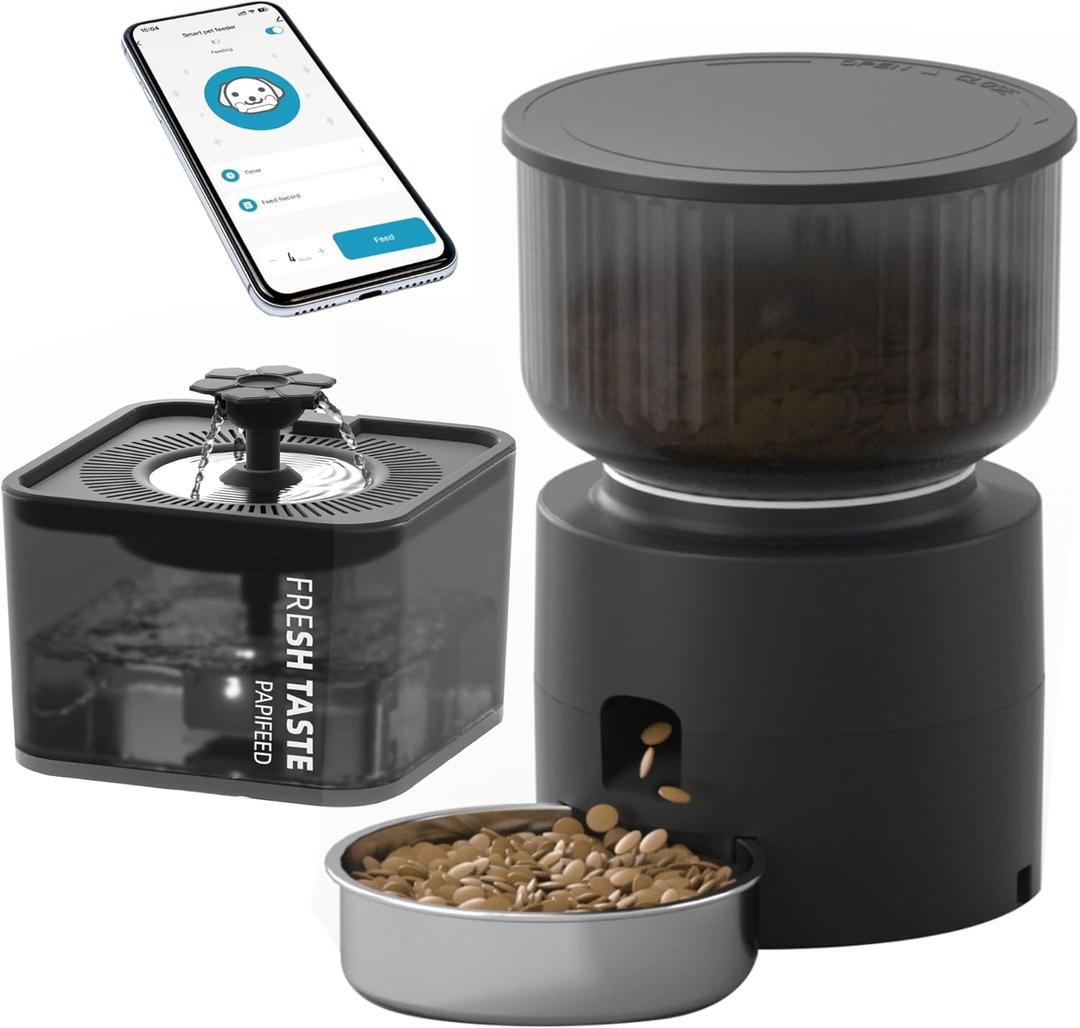 3L Automatic Cat Feeder & 3L Water Dispenser, Stainless Steel Bowl, 2.4G WiFi Pet Feeder with APP Control for Remote Feeding, 1-10 Meals Per Day, Detachable for Easy Clean (Black Suit)