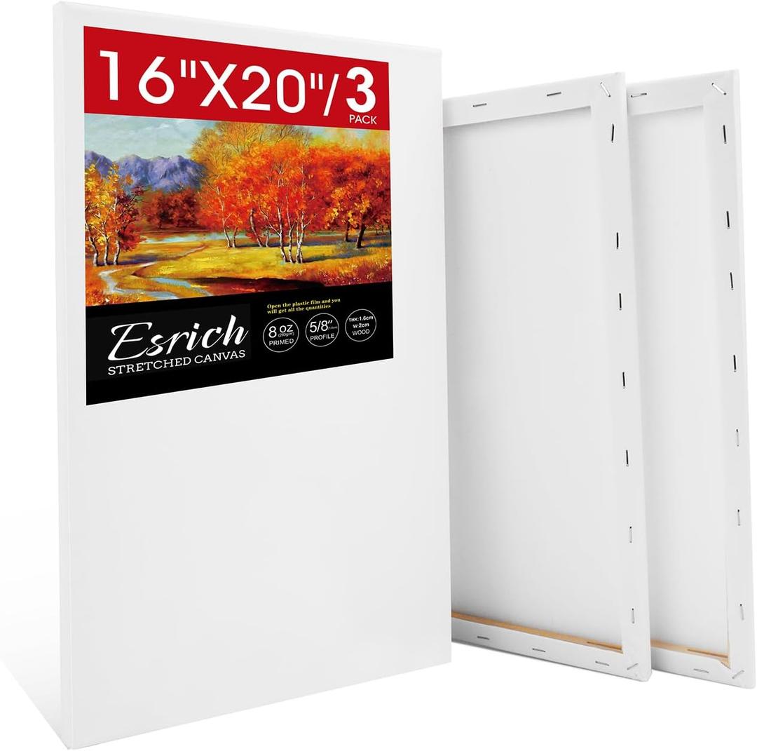 ESRICH Stretched Canvas for Painting 16x20 Inch, 3Pack Large Canvas for Painting, Triple Primed Acid-Free Cotton Blank Canvases for Oil, Acrylic, Watercolor & Gouache for Paint Parties, Art Classes
