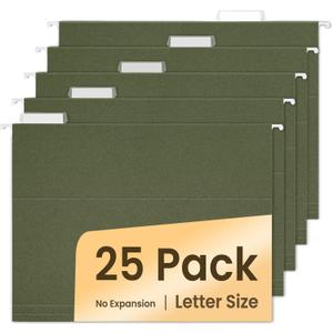 SUNEE Hanging File Folders, 25 Pack Reinforced Hang Folders Letter Size, Adjustable 1/5-Cut Tabs, Designed for Bulky Files, Filing Cabinet, Standard Green