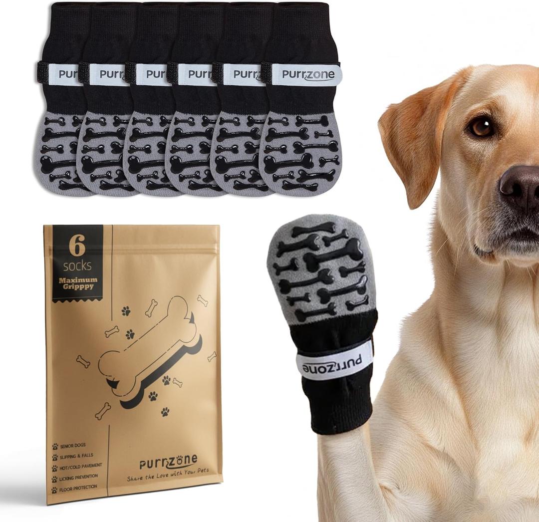 6 Pcs Non-Slip Dog Socks with Cute Bone Paw Grips Indoor Dog Socks for Hardwood Floors, Booties for Hot Pavement, Socks for Winter Snow, Paw Protector Socks (Modern Grey, Medium)
