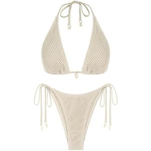 ZAFUL Women's Triangle Bikini Multiway Fishnet Tie Side Bandeau Halter String Bikini Set Two Piece Swimsuit Bathing Suits M