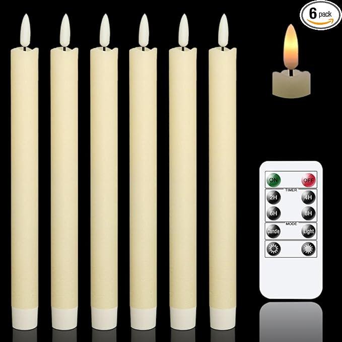 GenSwin Flameless Ivory Taper Candles Flickering with 10-Key Remote, Battery Operated Led Warm 3D Wick Light Window Candles Real Wax Pack of 5, Christmas Home Wedding Decor(0.78 X 9.64 Inch)