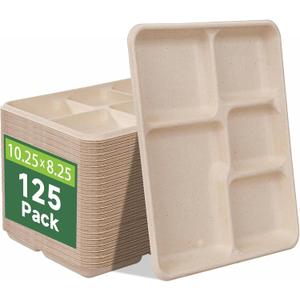 WELLIFE 100% Compostable 5 Compartment Paper Plates, 125 Pack Heavy Duty Disposable School Lunch Trays, 10.25 * 8.25 Inch Eco-Friendly Bagasse Plates for Boys, Girls and Youth (BPA Free,Microwaveable) (Natural)