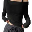 QJQ Women's Sheer Mesh Off The Shoulder Tops Long Sleeve See Through Shirts Going Out Party Club Outfits Black XX-Large