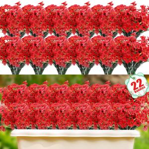 22 Pack Artificial Flowers Outdoor Fake Plants, Faux Flowers UV Resistant with Plastic Plants, Faux Silk Flowers for Outdoors Outside Front Porch Hanging Planter Window Box Garden Decoration(Red)