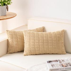 Pack of 2 Corduroy Decorative Throw Pillow Covers 12x20 InchSoft Boho Striped Pillow Covers Modern Farmhouse Home Decor for Sofa Living Room Couch Bed(Beige)