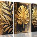 3 Pcs Gold Tropical Leaves Canvas Wall Art Luxurious and Elegant Jungle Gold Monstera Botanical Painting Picture Wall Decor Poster Print Artwork Living Room Bedroom Home Decoration