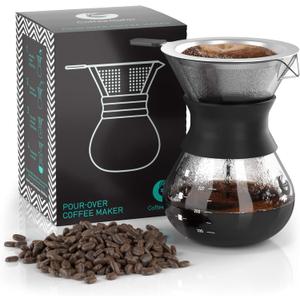 Coffee Gator Pour Over Coffee Maker Portable - 10.5oz High Heat Borosilicate Glass w/Reusable Stainless Steel Filter, Drip Coffee Brewer Pourover Dripper Set Carafe, 300ml Black