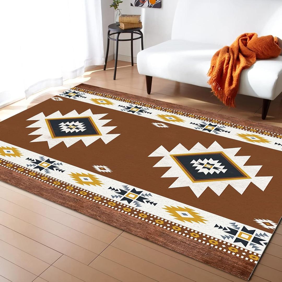 Indoor Outdoor 5'x8' Area Rug - Non-Slip Backing Easy-Cleaning Living Room Rugs Soft Washable Area Rugs Boho Southwest State Diamond Pattern Brown Floor Carpet for Bedroom Nursery Dorm