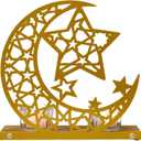 Gold Ramadan Decorations for Home, Star and Crescent Moon Silhouette Tealight Candle Holder with 2 Glass Votives, Wooden Tray Eid Mubarak Table Decor Centerpiece, Islamic Ramadan Kareem Gifts