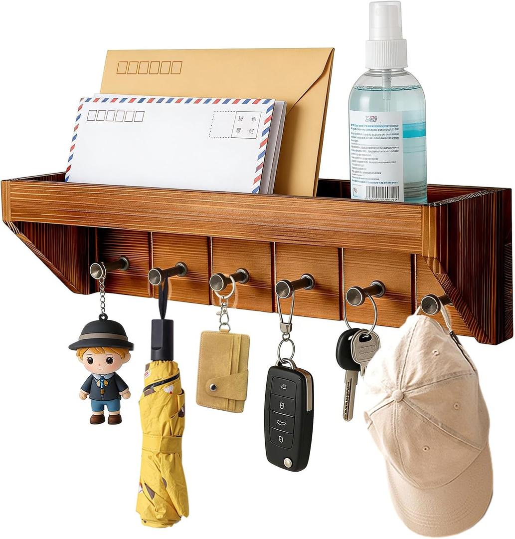 Key Holder for Wall with Mail Organizer - 12.8 Inch Wall Mounted Key Rack with 6 Key Hooks & Wall Shelf, Wooden Key Hanger for Entryway, Hallway, Kitchen, Farmhouse Home Decor (Burnt Brown)